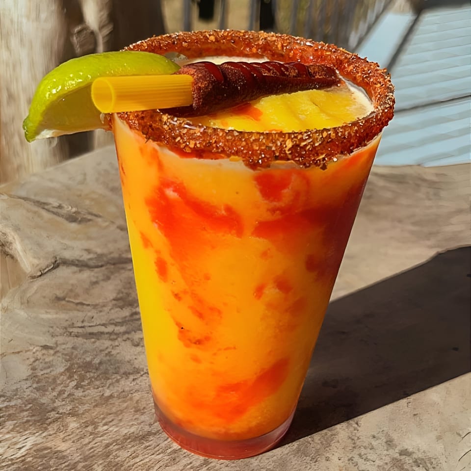A vibrant orange and yellow drink with a chili-lime rim, garnished with a lime wedge and candy straw.