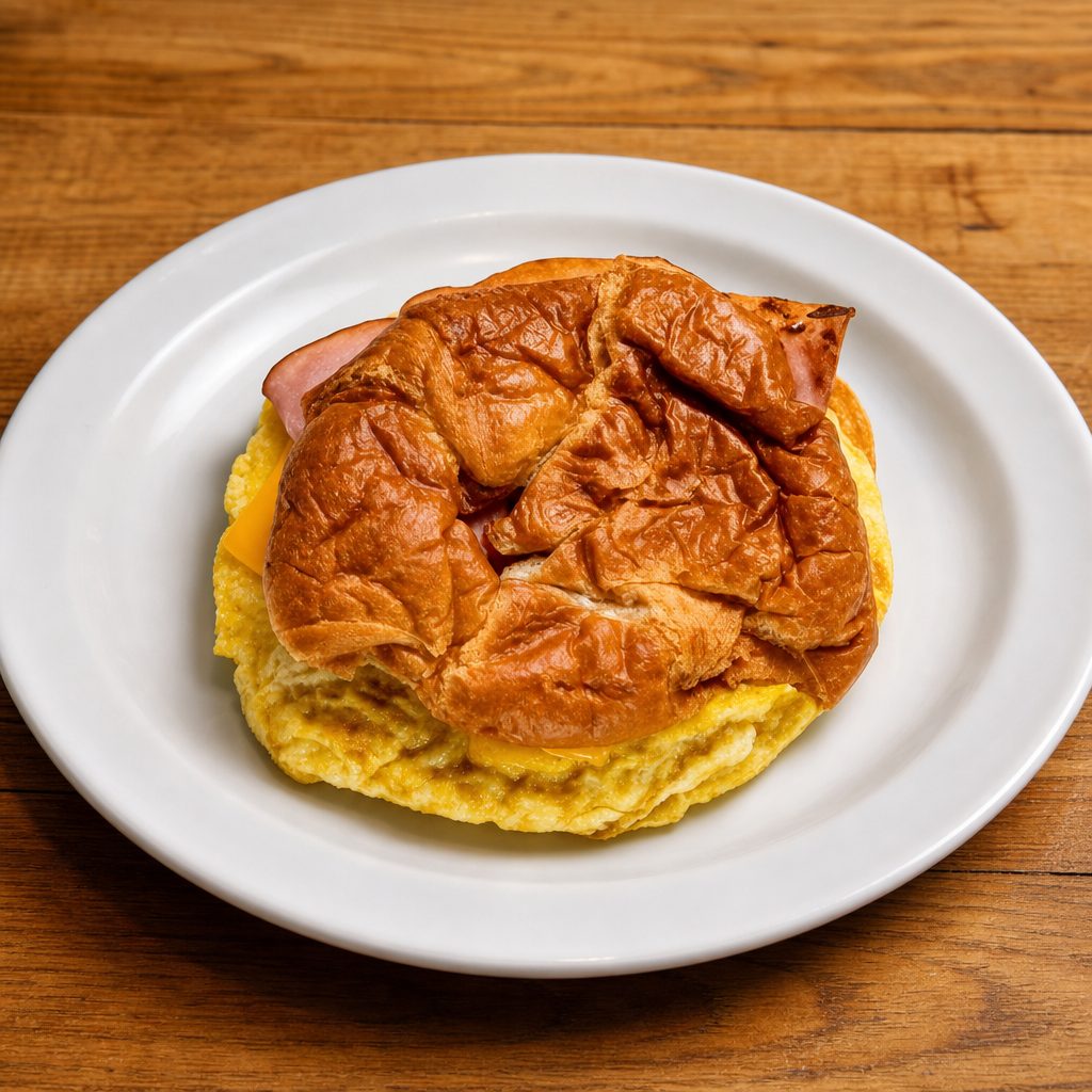 Croissant with Scrambled Egg, American Cheese, Bacon & Ham.