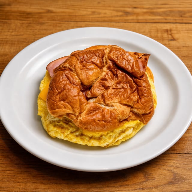Croissant with Scrambled Egg, American Cheese, Bacon & Ham.