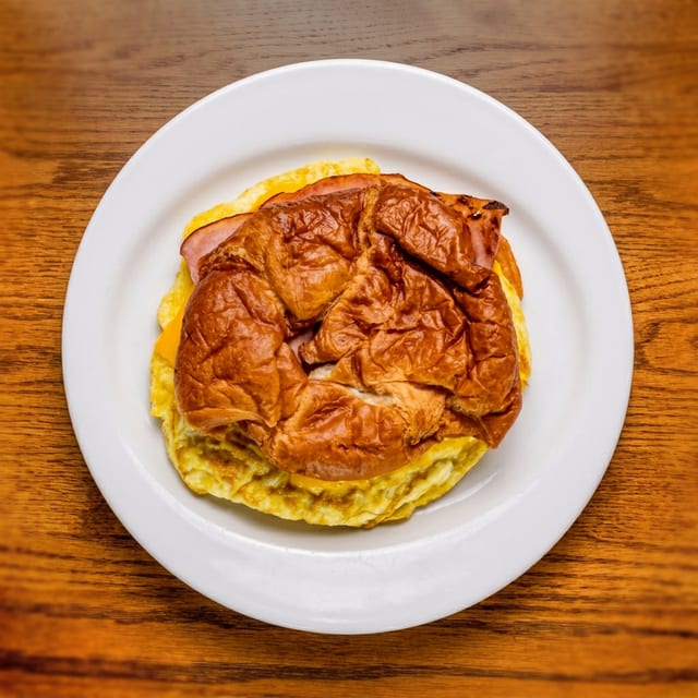 Croissant with Scrambled Egg, American Cheese, Bacon & Ham.